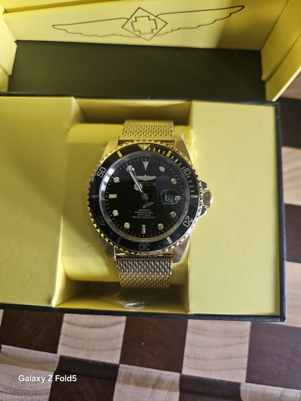 Invicta Grand Diver Gold Tone Mesh Bracelet Watch with Black Dial 47mm